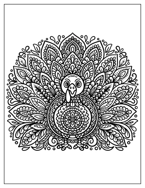 Flores e padrões decorativos cobrem as penas de um peru em forma de mandala.