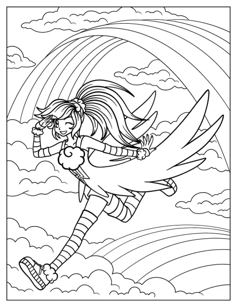 Rainbow Dash corre ao longo de um arco-íris na versão Equestria Girls.
