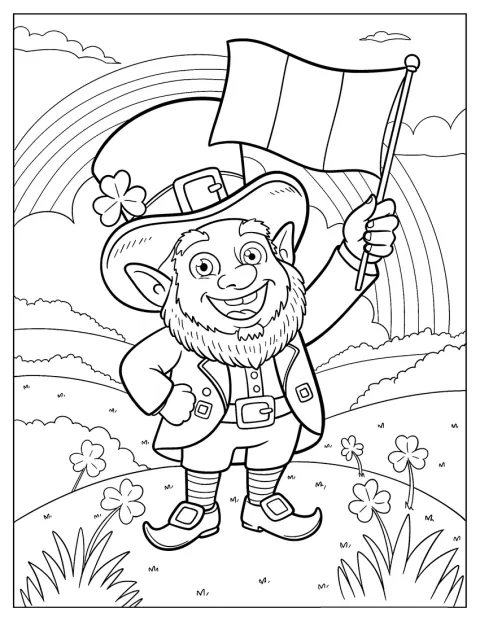 Friendly Leprechaun Coloring Page Waving the Irish Flag