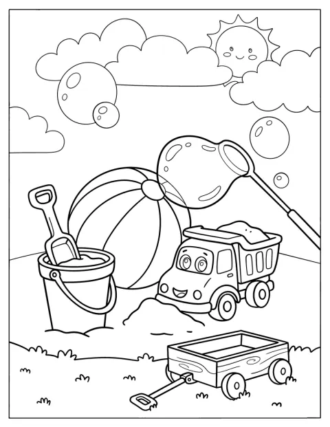Un camion ribaltabile e giochi da spiaggia sono sulla sabbia.