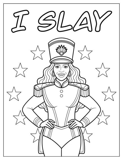 ビヨンセがマジョレット風の衣装を着て、星と「I Slay」の文字に囲まれています。