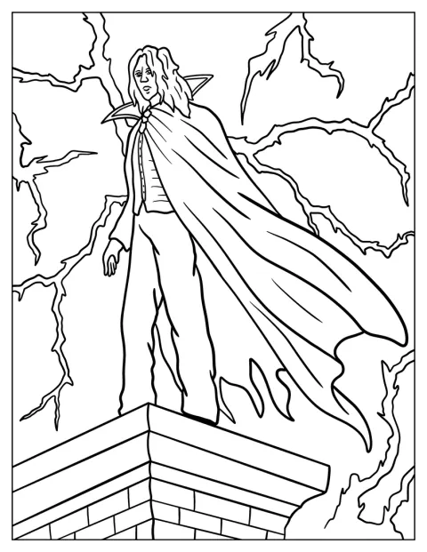 Dramatic Vampire Coloring Page Silhouette with Cape in a Storm