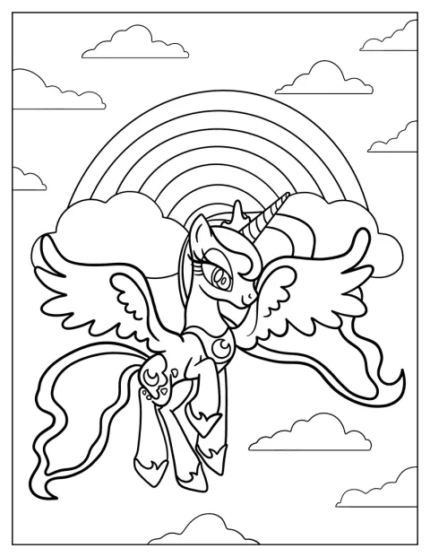 La princesa Celestia vuela por el cielo.