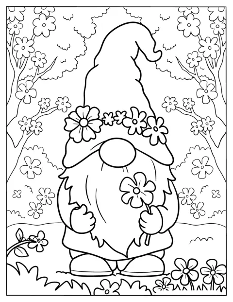 En nisse har en krans av blomster på hodet.