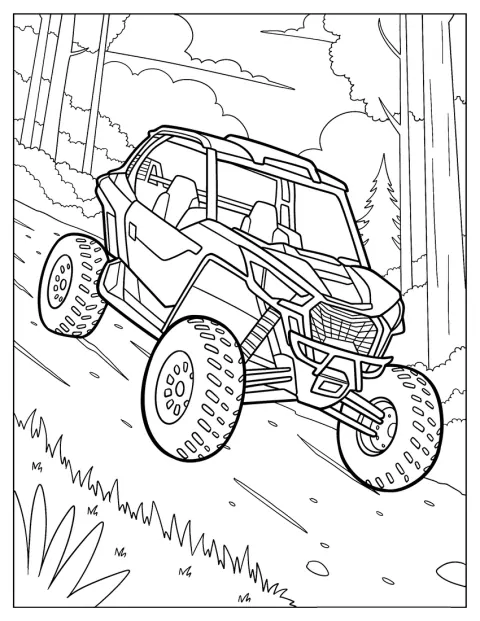 Un UTV cu două locuri urcă pe o potecă abruptă prin pădure.