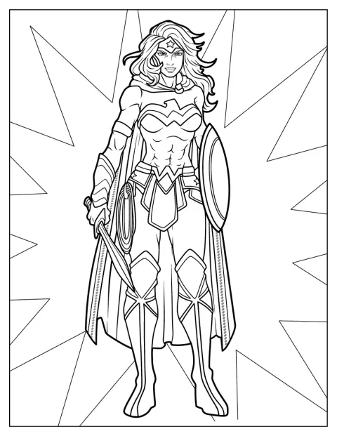 Wonder Woman holder et sværd i den ene hånd og et skjold i den anden.