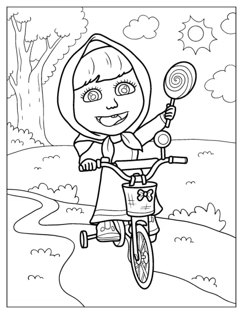 Masha cyklar och håller upp en klubba.