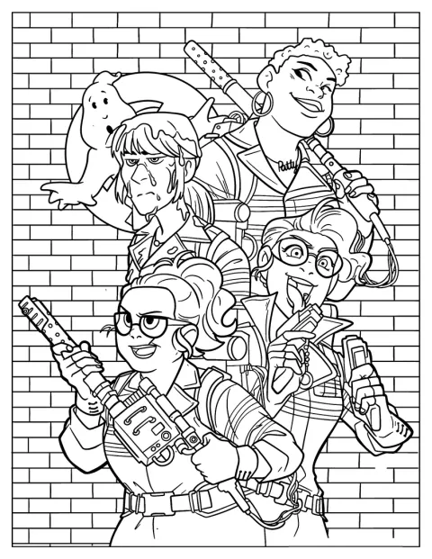 Yates, Gilbert, Holtzmann et Tolan posent ensemble en tenue de Ghostbusters.