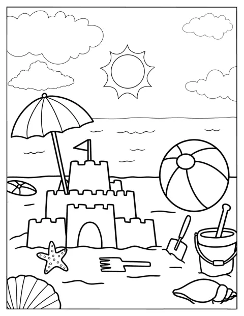 Un castel de nisip, o umbrelă și o minge stau pe plajă.