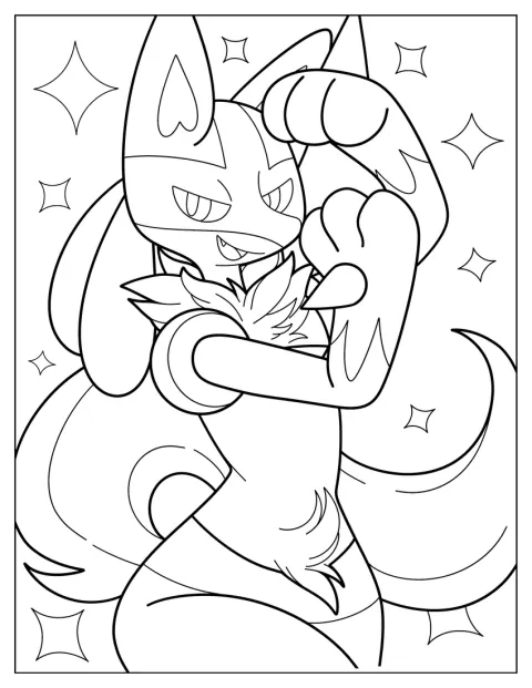 Lucario lächelt freundlich im niedlichen Kawaii-Stil.