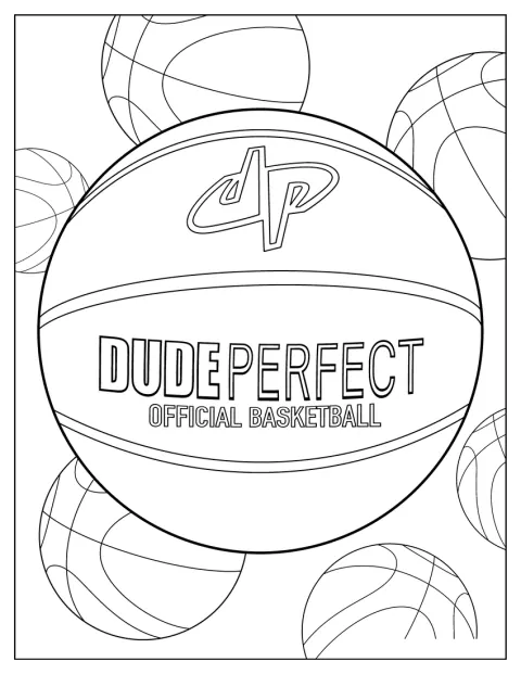 En basketball med Dude Perfect-logoet på.