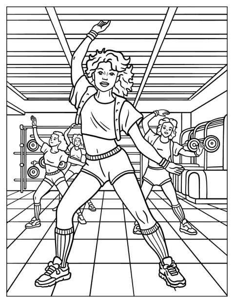 En grupp tränar aerobics i färgstarka träningskläder från 80-talet.