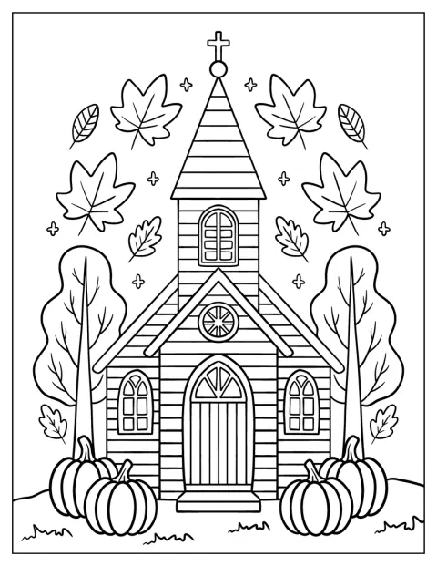 Lövträd och prydnadspumpor omger den rustika kyrkan på hösten.