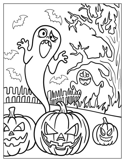 こわいおばけたちが、ハロウィンの墓地に集まっています。
