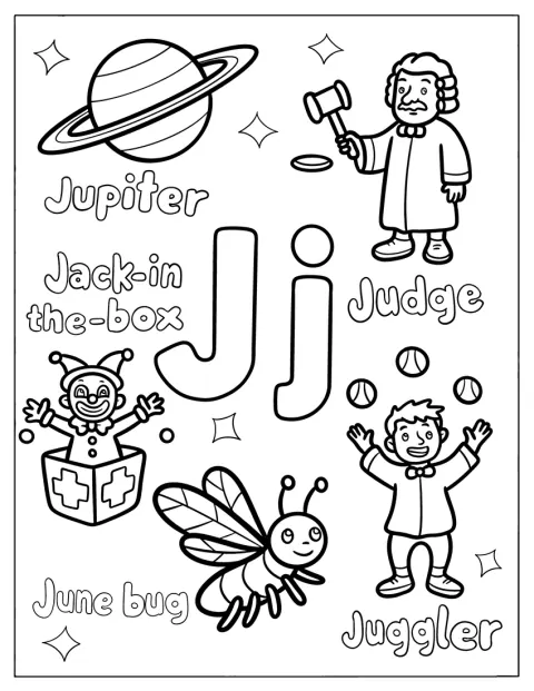 La lettera J accompagna Giove, un giudice, un giocoliere, una lucciola e Jack in the Box.