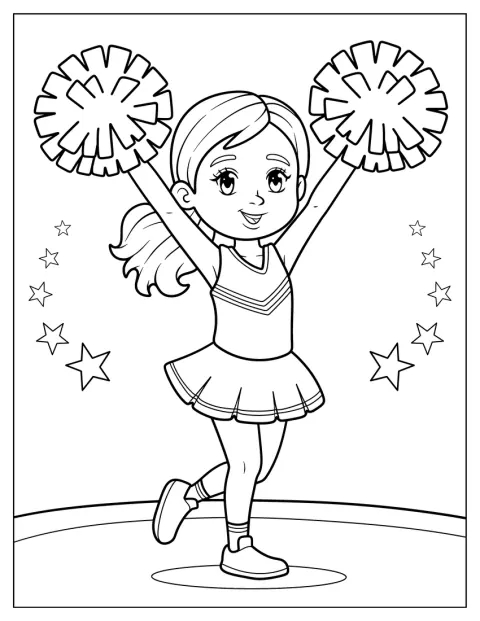女の子のチアリーダーが、両手のポンポンを高く掲げています。