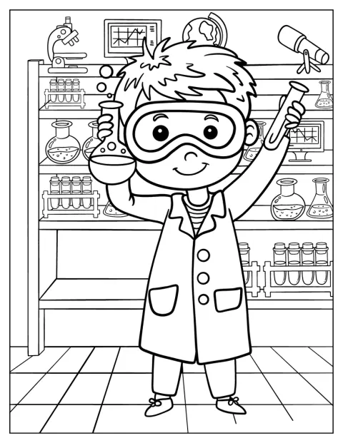 Un niño con bata de laboratorio y gafas protectoras trabaja en un laboratorio de ciencias.