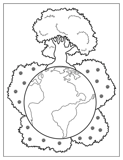 Árboles y arbustos floridos crecen alrededor del planeta Tierra.