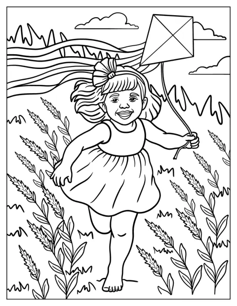 Uma menina corre por um espaço aberto com um papagaio no ar.
