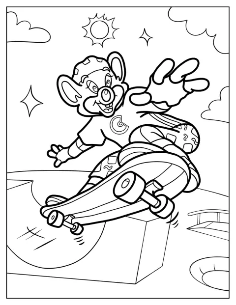 Chuck E. Cheese rijdt op een skateboard.