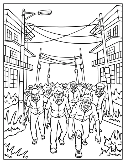 Hongerige zombies zwerven door een stad na de apocalyps.