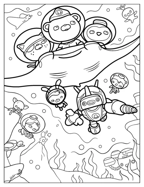 De Octonauts rijden samen op een mantarog door de zee.