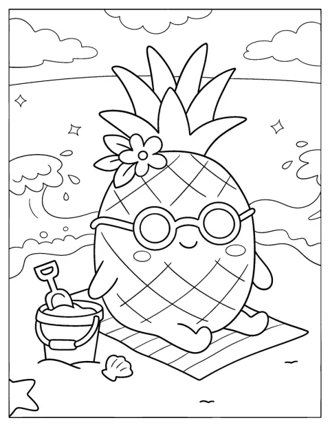 En ananas med solbriller slapper af på et strandhåndklæde.
