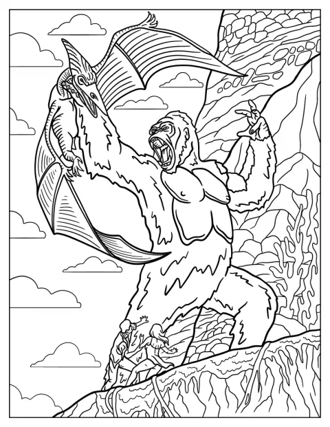 King Kong combat un ptérosaure dans une scène d’action.