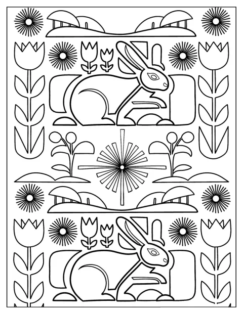 En geometriskt mönstrad påskhare omges av blommor.