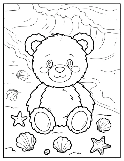 Un ours en peluche découvre des coquillages et des étoiles de mer sur la plage.