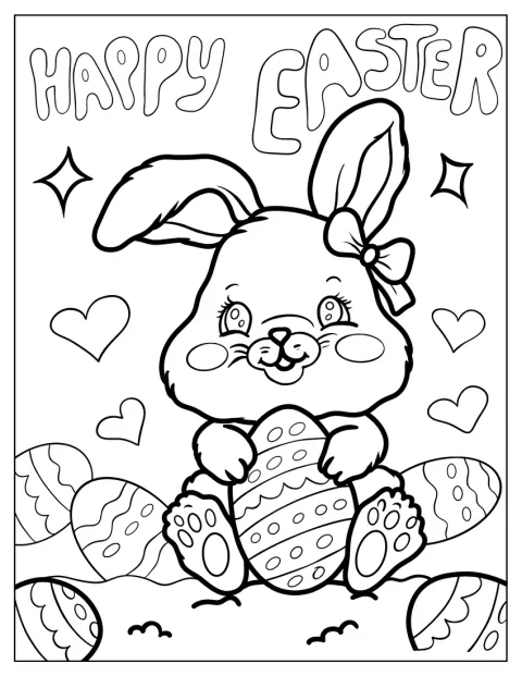 Ein flauschiger Osterhase umarmt mehrere Ostereier.