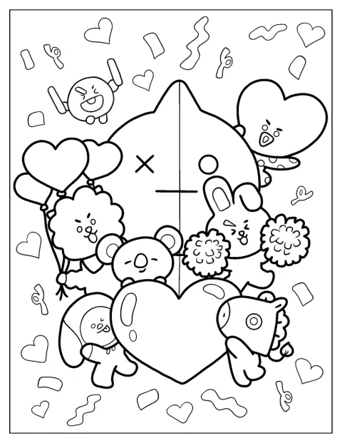 A BT21 szereplői szív alakú lufik és konfetti között állnak.