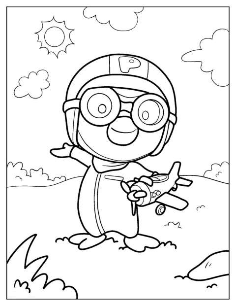 Pororo sonríe mientras sostiene un avión de juguete.
