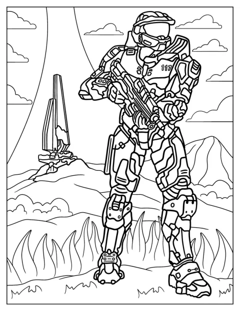 Master Chief avanza por un campo de batalla con su armadura puesta.