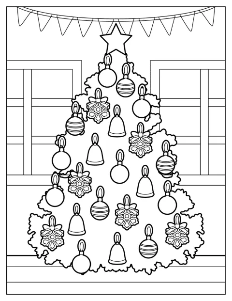 Uma árvore de Natal está preenchida com bolas e outros enfeites.