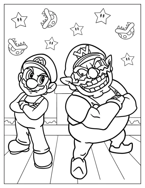 Mario e Wario estão de costas um para o outro.