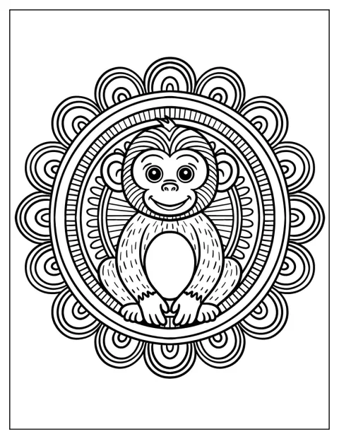 Au centre d’un mandala, un singe souriant regarde le spectateur.