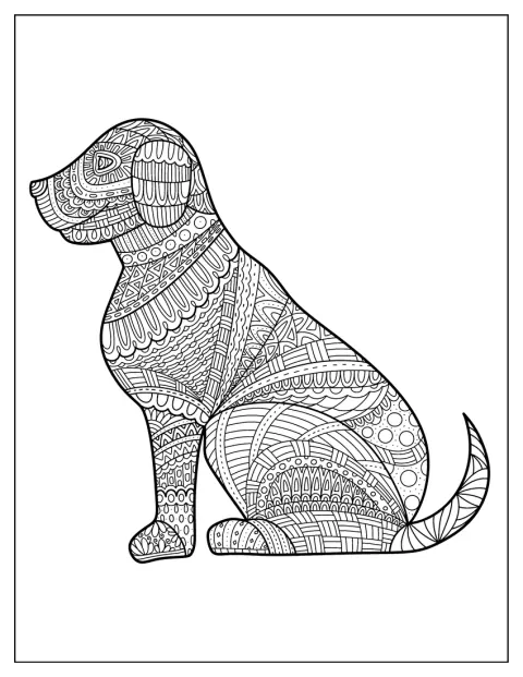 En labrador retriever er omgitt av detaljerte mandalamønstre.
