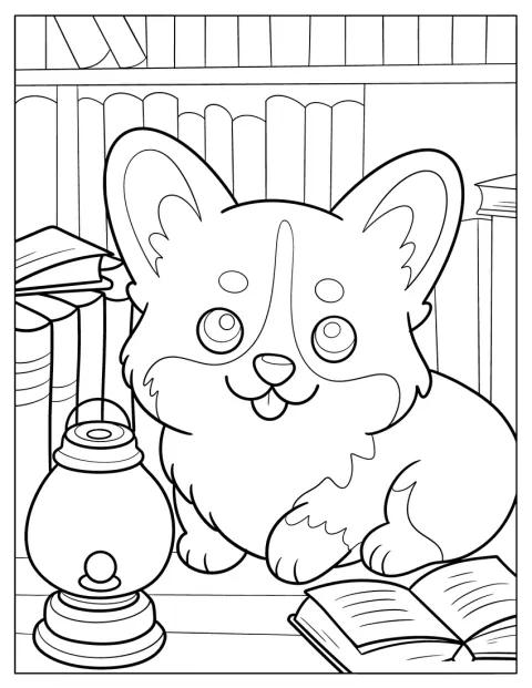 Un pequeño corgi lee un libro a la luz de una lámpara.