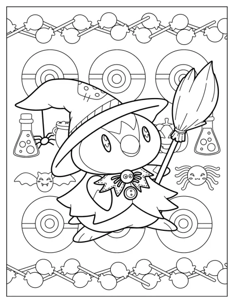 Noidaksi pukeutunut Piplup pitelee luutaa halloweenina.