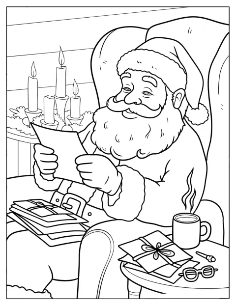 Julemanden smiler, mens han læser børnenes juleønsker.