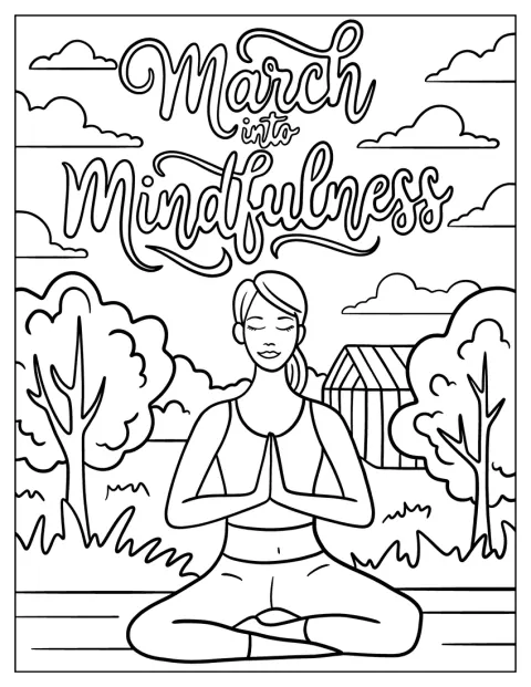 Nainen meditoi mindfulnessiin kannustavien sanojen alla.