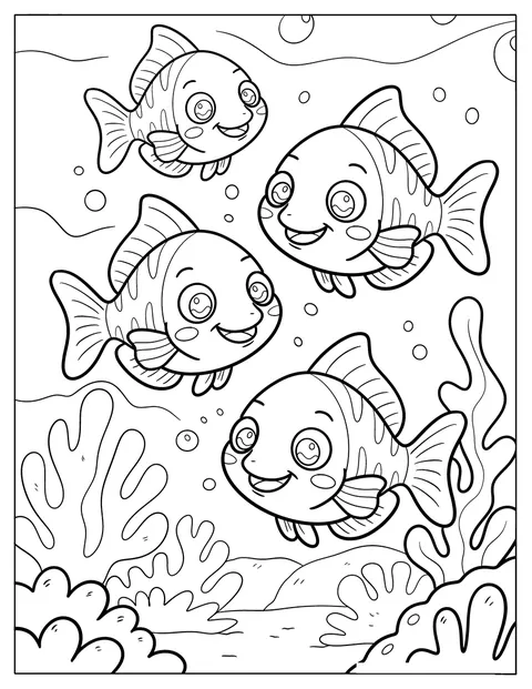 Een vrolijke cartoonvis zwemt door de oceaan.