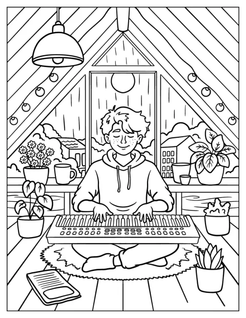 En mann spiller rolig musikk på et orgel blant grønne planter.