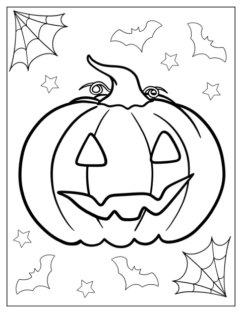 Una zucca intagliata ha forme semplici e un'espressione allegra.
