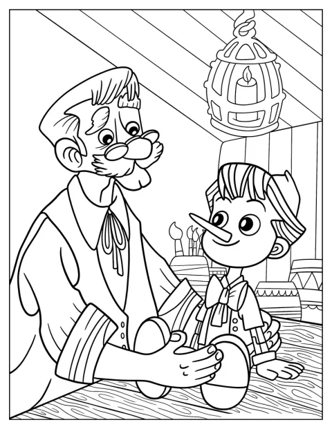 Geppetto drží Pinocchia v náručí.