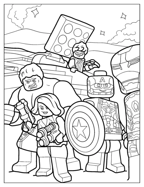 Iron Man, Captain America, Hulk, Black Widow und Hawkeye stehen nebeneinander.