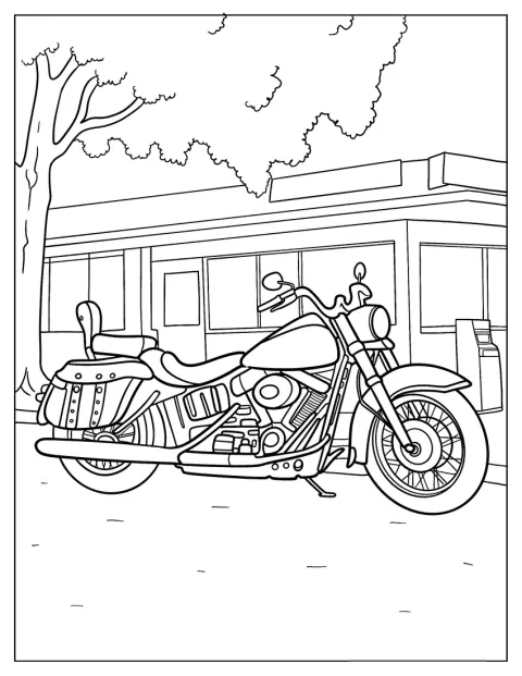 Ein einfaches Harley-Davidson-Motorrad steht vor einem Geschäft.
