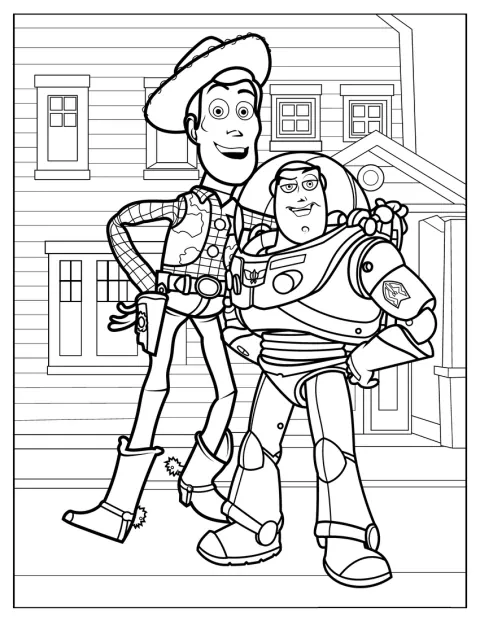 Woody și Buzz Lightyear stau în fața unei căsuțe de păpuși.