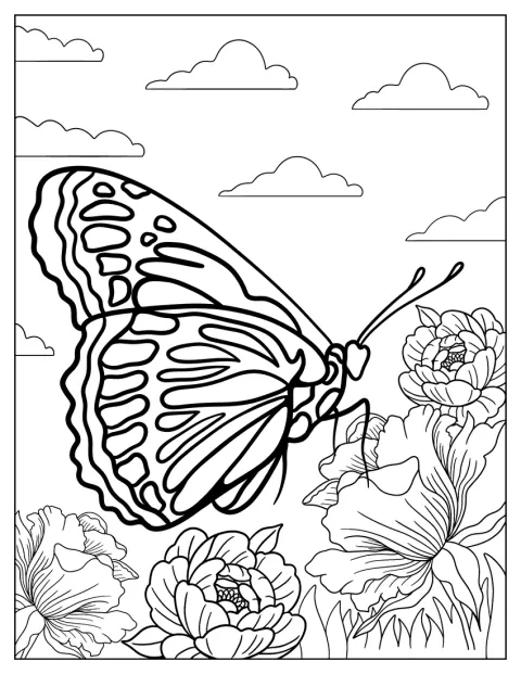 Una gran mariposa se alimenta del néctar de unas flores detalladas.